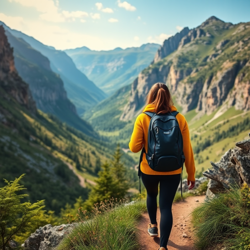Capture a scenic mountain landscape with a female hiker in a yellow sweater and black backpack walking along a trail, surrounded by lush greenery and steep cliffs, taken with a Canon EOS R5 at f/5.6, ISO 100, 24mm lens, in natural afternoon light to enhance depth and color vibrancy.