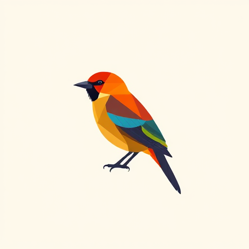 Create a vibrant, minimalist graphic of a geometric bird in shades of red, orange, blue, and green, with a flat design style, using a Canon EOS R, 50mm lens, f/2.8 aperture, ISO 100, and a soft-focus background to enhance the subject.