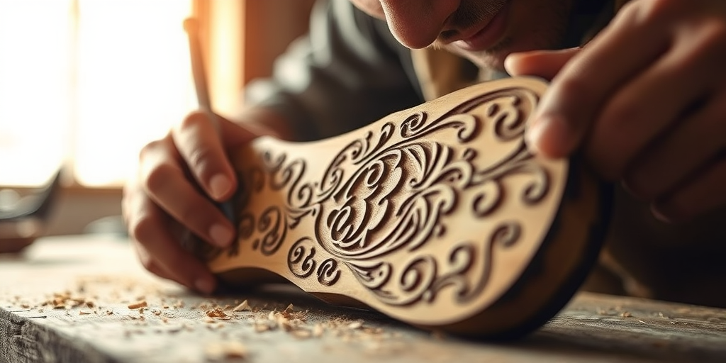 Softly focused close-up of an artisan carving intricate designs into a piece of wood, soft natural light streaming through a nearby window, with tiny wood shavings scattered on the workbench.