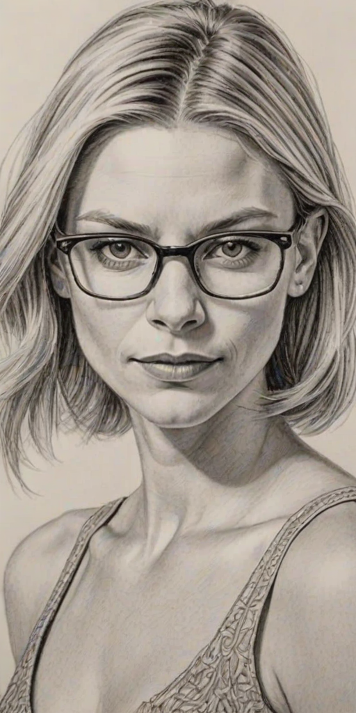 Stunning Claire Danes, pencil sketch, portrait of Appealing woman 1931s in glasses, hair style beatnik, outline, clear lines, fine lines, 8k