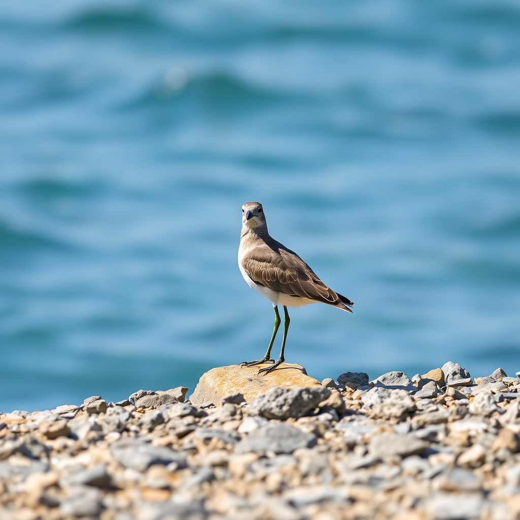 Capture a sharp image of a solitary bird standing on a rocky surface by the water, using a DSLR camera with a 300mm lens, aperture set to f/4, ISO 200, shutter speed 1/1000s, with a shallow depth of field for background blur and vibrant blue water in the backdrop.