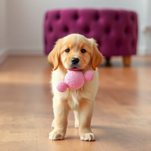A fluffy golden retriever puppy holding a pink plush toy in its mouth standing on a wooden floor in a bright room with a purple ottoman in the background