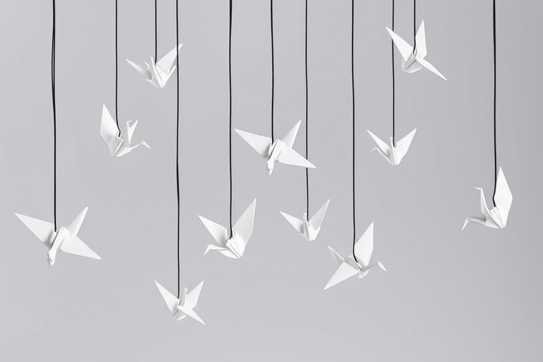 Create a high-resolution image of white origami cranes suspended from black strings against a transparent background, using a DSLR camera with an aperture of f/2.8, ISO 100, and a 50mm lens, top-down view for maximum detail and clarity.