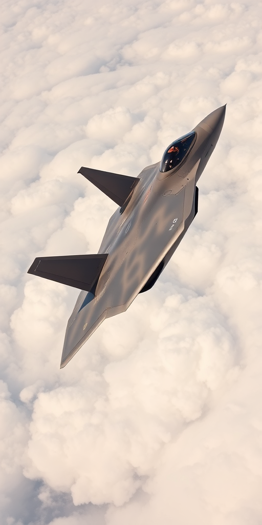 a high-resolution photograph of a military jet, specifically a F-22 Raptor, soaring through the sky. The aircraft is depicted in a sleek, metallic gray and beige color scheme, with visible markings and insignia on its fuselage. The jet's wings and tail are angled slightly, giving a sense of dynamic movement. The cockpit canopy is transparent, allowing a glimpse of the pilot's seat and instruments inside. The background is a vast expanse of fluffy white clouds, stretching across the sky with a subtle gradient of light and dark shades, indicating a clear, sunny day. The clouds are thick and textured, with visible wisps and tendrils that add depth to the image. The overall scene conveys a sense of speed and agility, with the jet slicing through the clouds with precision and power. The photograph's clarity and detail highlight the aircraft's sleek design and advanced technology, emphasizing its capabilities and readiness for action. The image is taken from a low angle, looking up at the jet, which adds to the sense of awe and admiration for the aircraft's performance.