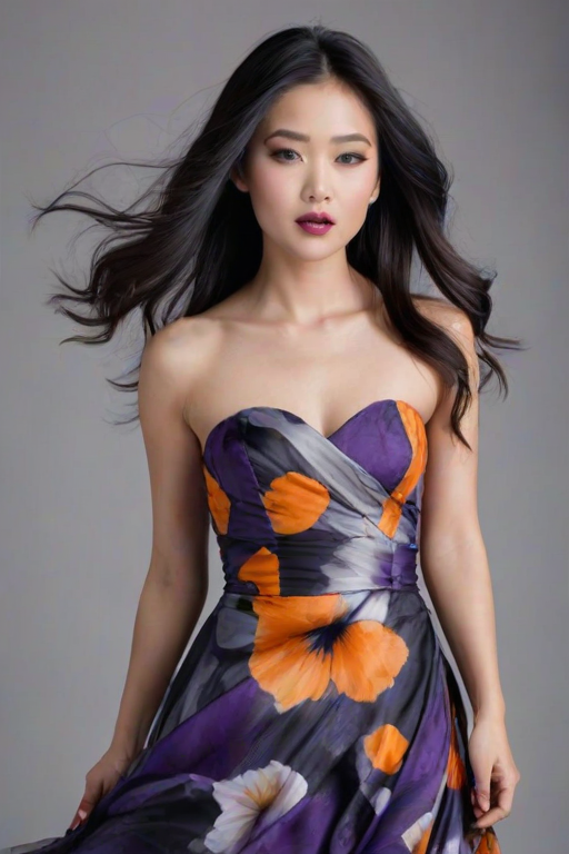 Photographic image of a beautiful young Asian woman, blue eyes, lips with black lipstick, long hair fluttering in the wind and wearing a silk strapless dress with a soft purple and orange print. monochrome image with only color highlights in the iris of the eyes, lipstick and dress. Gray background.