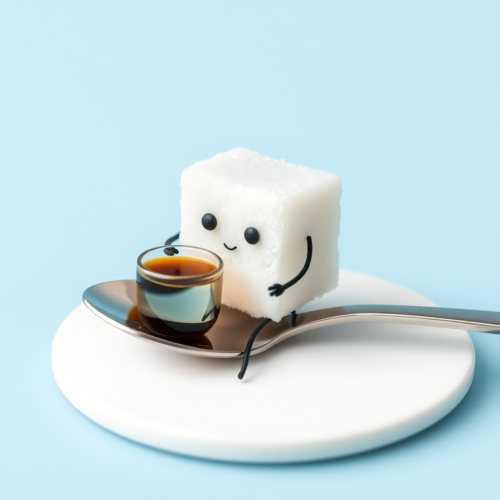 A sugar cube with a face and legs, sitting on a spoon and sipping a tiny cup of coffee.