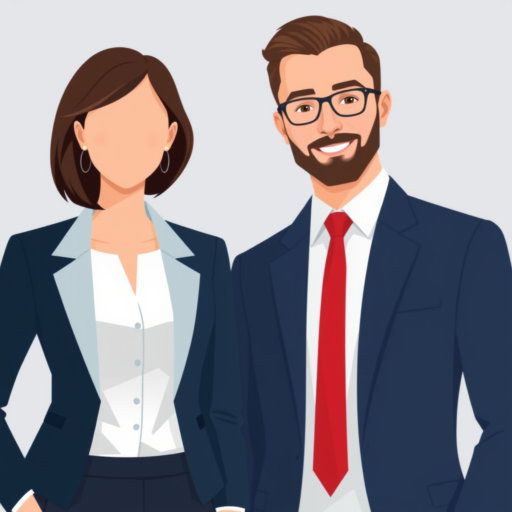 Create a modern digital illustration of two professional avatars, one female in a blazer without facial features and the other male in a suit with a red tie, use a soft gradient background, set camera settings to ISO 100, aperture f/4, shutter speed 1/200s, view at eye level, style as flat design, and employ a digital rendering technique for enhanced clarity.