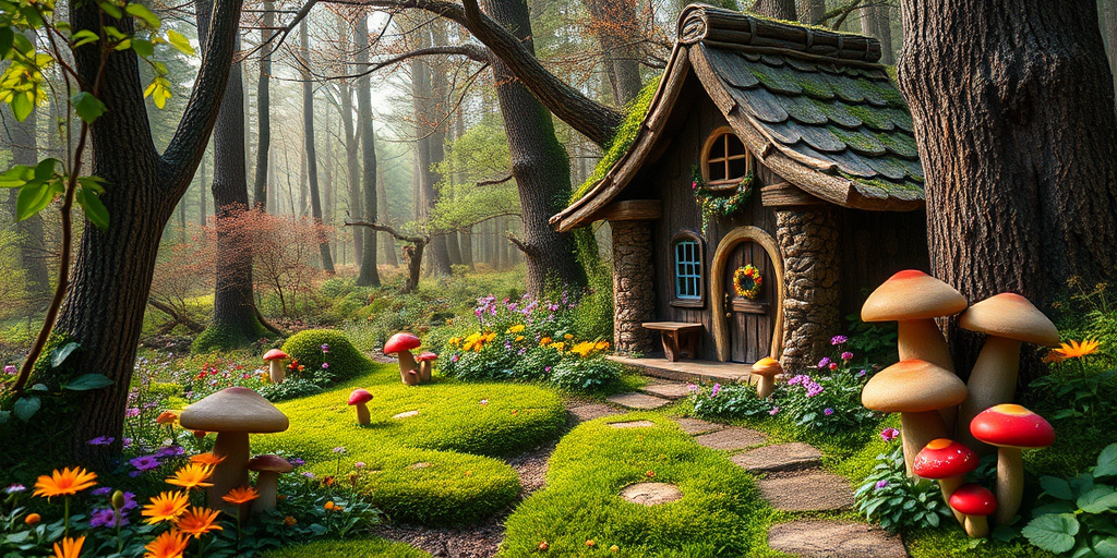 a whimsical forest scene with a charming cottage, vibrant flowers, and colorful mushrooms, captured with a Canon EOS 5D Mark IV, 50mm f/1.4 lens, f/2.8 aperture, ISO 200, soft lighting for a dreamy effect, focus on composition and vivid colors to enhance magical atmosphere