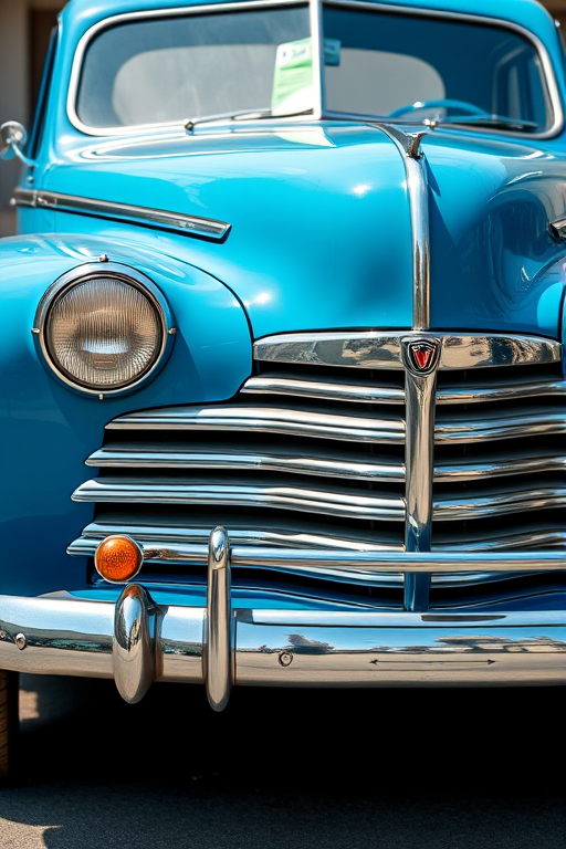 Capture a vintage blue car with a chrome grill in natural light, using a DSLR camera set to f/8, ISO 100, with a 50mm lens, in a three-quarter view on a clean background for enhanced clarity and detail.