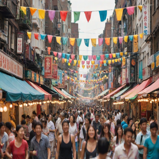 Soft-focus image of a bustling city street during a summer festival, with colorful banners and lights strung overhead, people laughing and enjoying food from stalls, all slightly blurred in motion.