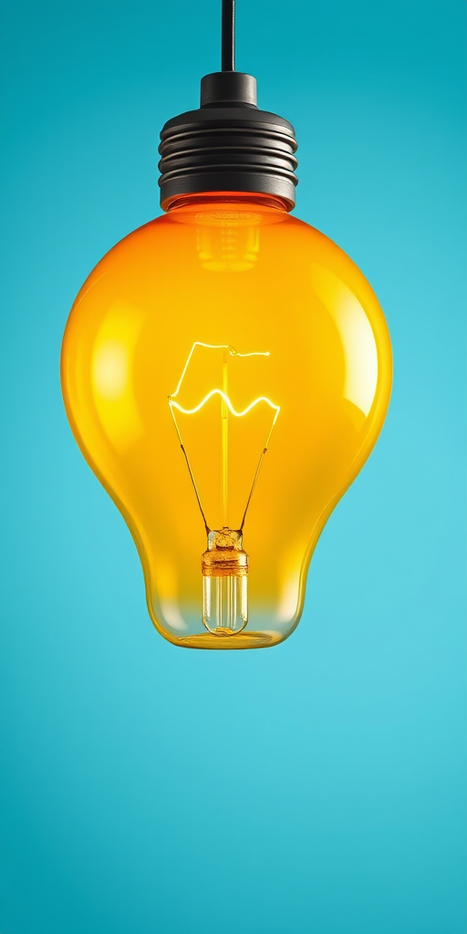 Create a high-resolution vector illustration of a bright yellow light bulb with swirling filament lines, soft blue background, shot with a DSLR camera at f/2.8, 50mm lens, ISO 100, natural light to enhance sharpness and contrast.