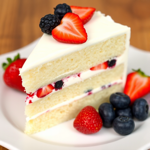 A slice of layered vanilla cake with whipped cream frosting and mixed berries on top served on a plate with fresh strawberries and blueberries on the side. The cake has a light and fluffy texture with visible layers of cream and berries.