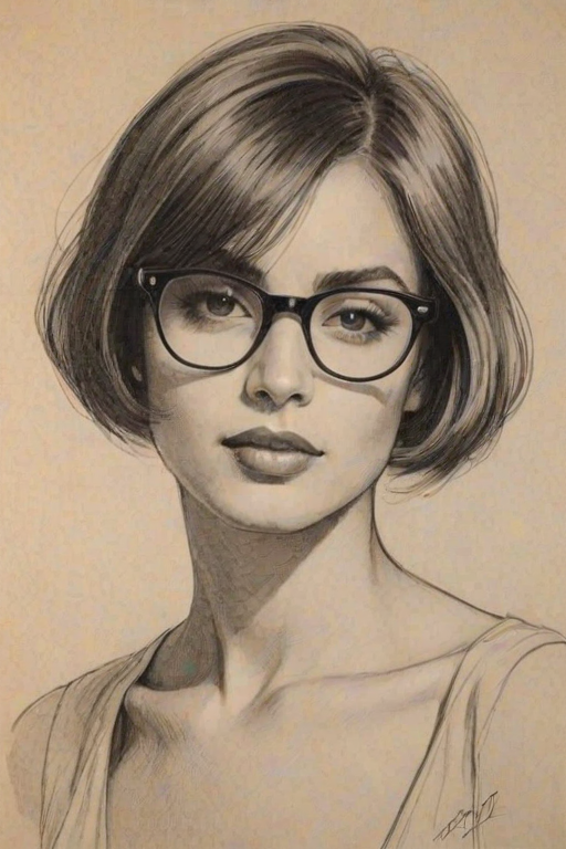Lovely Ciara, pencil sketch, portrait of Gorgeous woman 1923s in glasses, hair style beatnik, outline, clear lines, fine lines, 8k