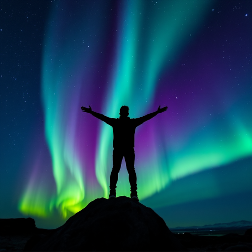 Create a silhouette of a person standing on a rock with arms outstretched against a vibrant night sky filled with auroras in shades of green and purple, captured with a Nikon D850 at ISO 800, f/2.8, 20 seconds exposure in a wide-angle view.