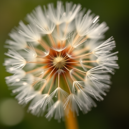 close-up shot of dandelion seeds in soft natural light, shallow depth of field, aperture f/2.8, ISO 200, 50mm lens, DSLR camera, vibrant color enhancement, focus on delicate seed details