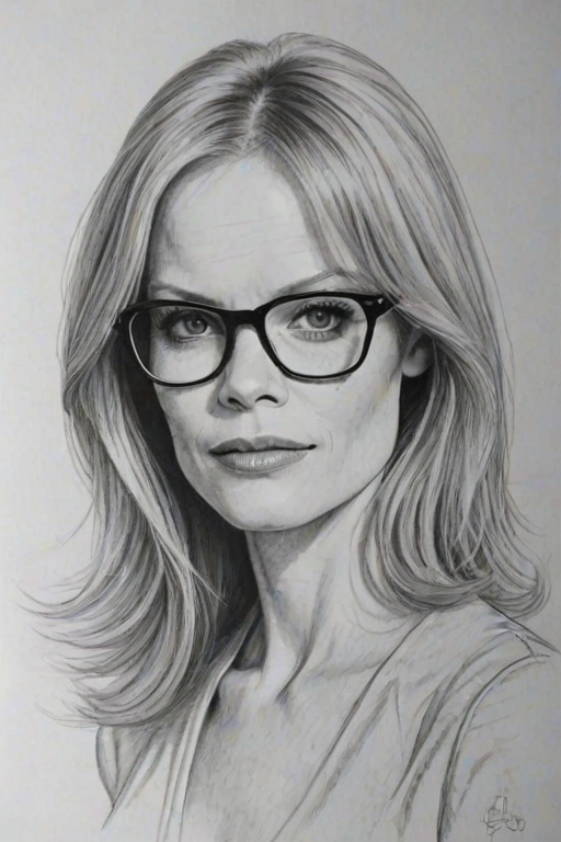 Ravishing Marg Helgenberger, pencil sketch, portrait of Gorgeous woman 1976s in glasses, hair style beatnik, outline, clear lines, fine lines, 8k