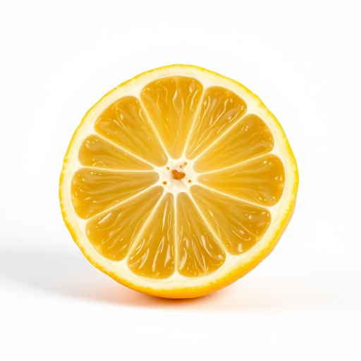 create a hyper-realistic close-up image of a lemon on a white background using a DSLR camera with a 50mm f/1.8 lens, ISO 100, aperture f/2.8, and a shallow depth of field to enhance the texture and color vibrancy.