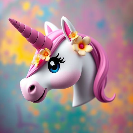 Create a high-resolution image of a cartoon unicorn head with a pink striped horn and colorful flowers on its head, using a DSLR camera with a 50mm lens, aperture f/2.8, ISO 100, and a vibrant, colorful background to enhance details.