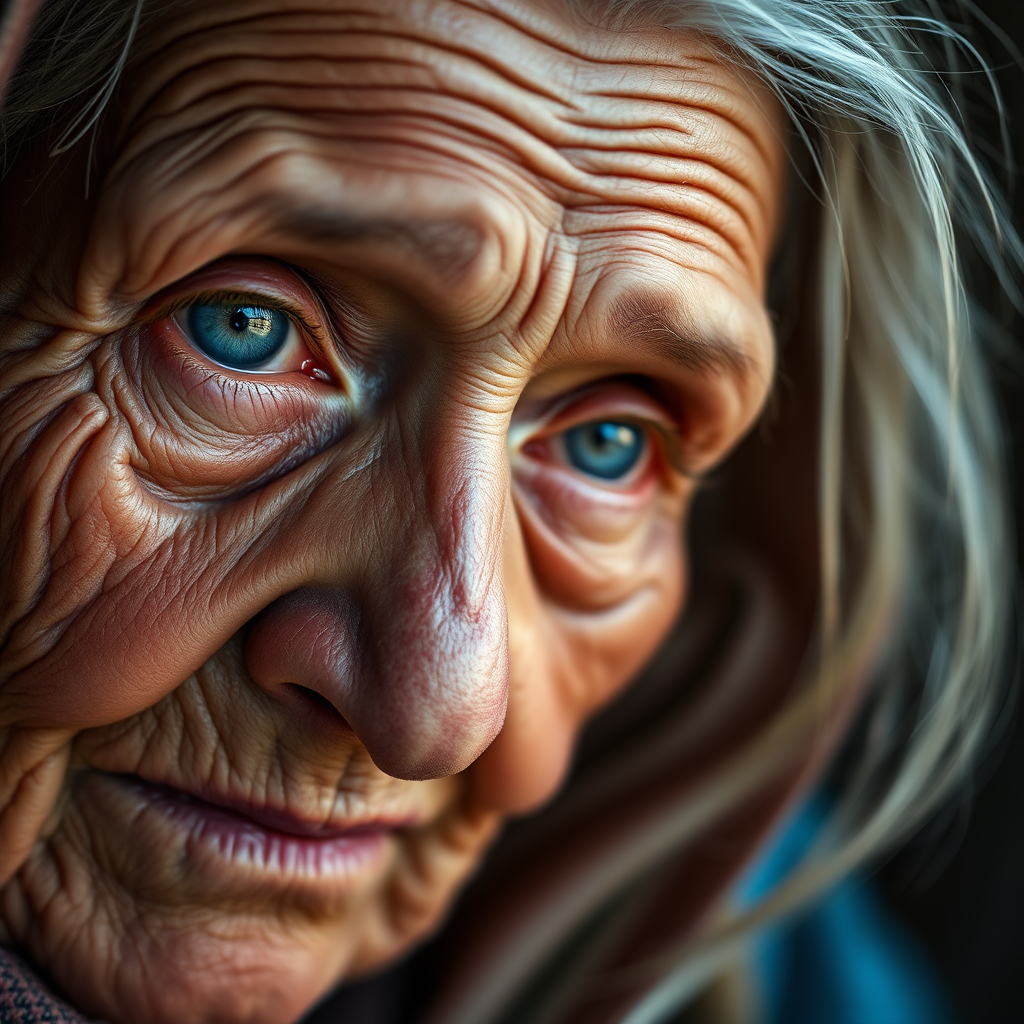 Close-up portrait of an elderly woman with striking blue eyes, capturing the intricate details of her weathered skin and expression, shot with a Canon EOS R5, 85mm f/1.2 lens, ISO 100, aperture f/1.8, natural light, shallow depth of field.