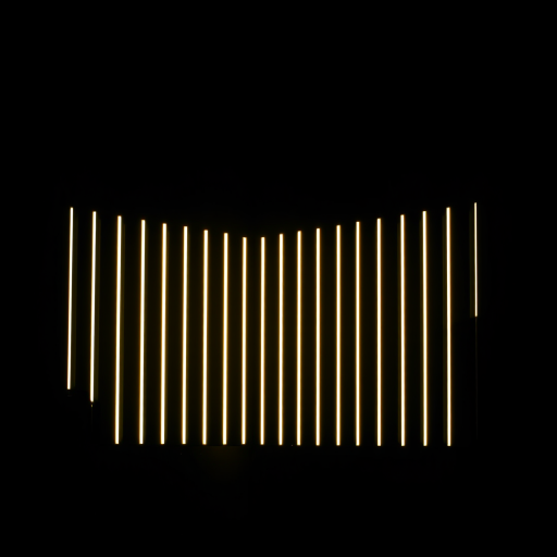 Create a high-resolution image of a series of vertical light bars arranged in an arc against a dark background, captured with a DSLR camera at f/8 aperture, ISO 200, 1/100 sec shutter speed, using a wide-angle lens to enhance depth and detail.