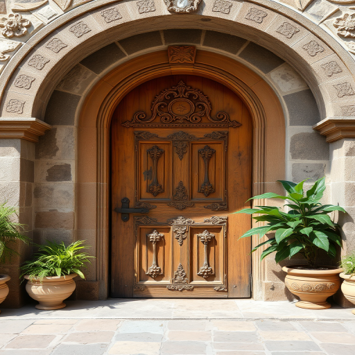 Regenerate the image of a rustic wooden door with intricate carvings under a stone arch, surrounded by potted plants, captured with a DSLR camera, 35mm lens, aperture f/8, ISO 200, in natural light to enhance image quality and detail.