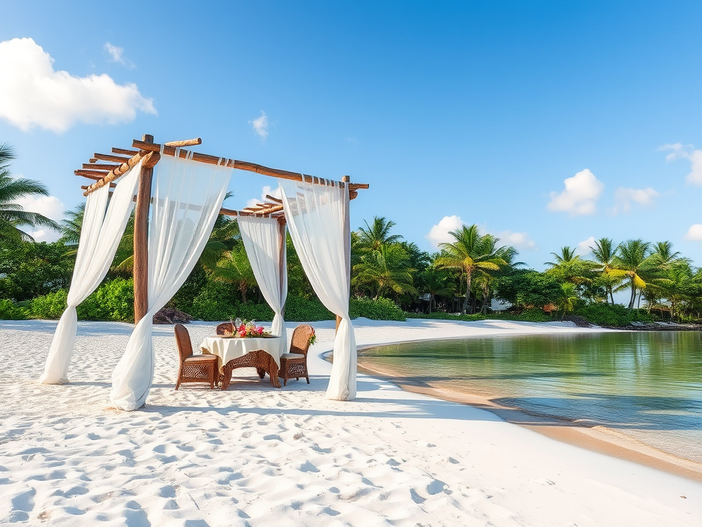 Create a picturesque tropical beach scene featuring a serene, white sandy shore. In the foreground, there's a rustic wooden canopy with white drapes gently flowing in the breeze. Underneath the canopy, a table is set with tropical decor, evoking a sense of relaxation and leisure. The beach extends into a calm, shallow water area with reflections of the sky and surroundings. Palm trees and lush greenery line the edge of the beach, providing a natural, tropical backdrop. The sky is clear with a few scattered clouds, and the overall atmosphere is tranquil and inviting, perfect for a peaceful retreat.