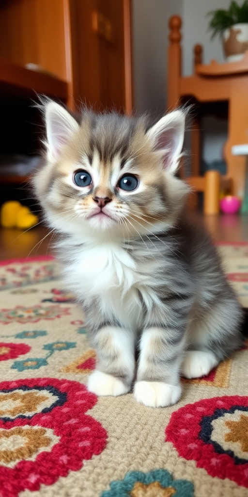 Cute fluffy kitten with gray and white fur sitting on a colorful rug with its head tilted to the side looking curiously at the camera. The background features wooden furniture and a playful environment.