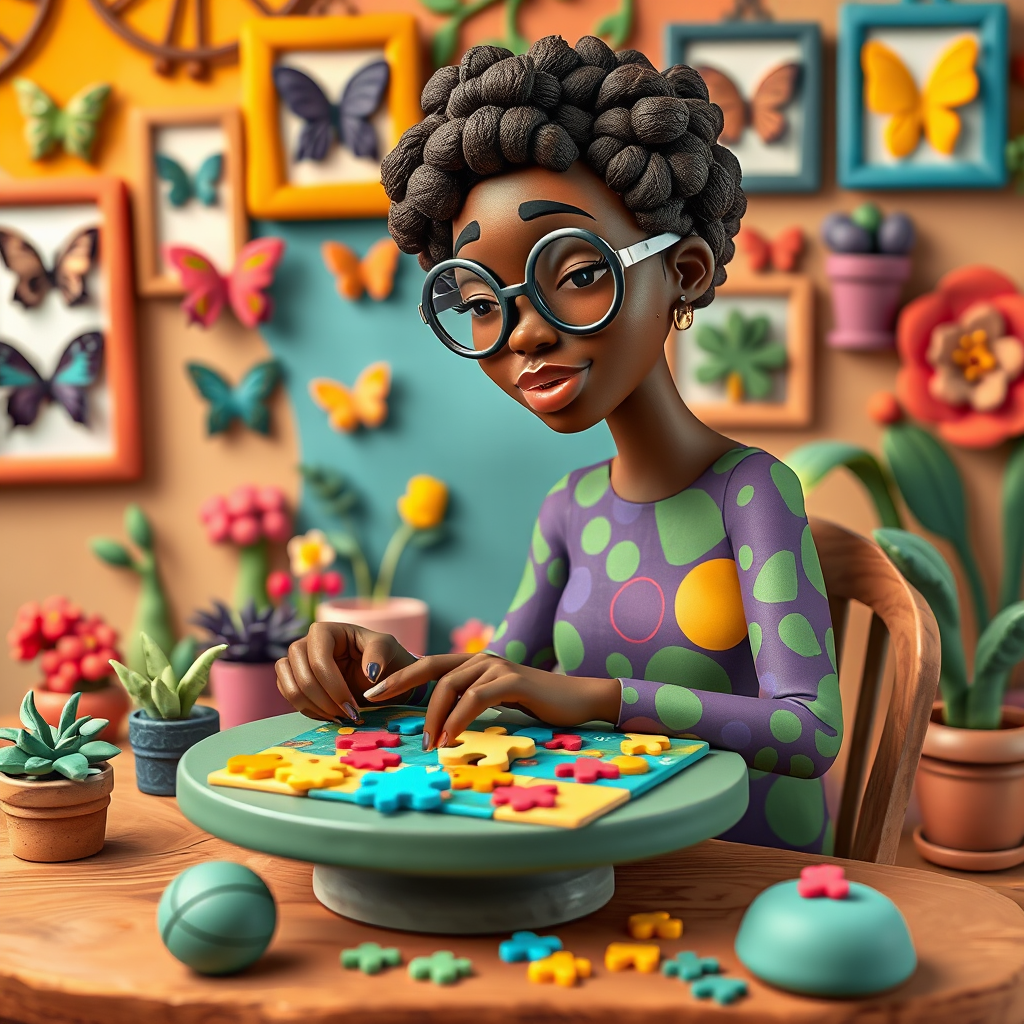 A vibrant and whimsical illustration of an african american woman sitting at a table working on a colorful jigsaw puzzle. she is wearing round glasses, and patterned clothing in shades of purple and green.  The background features an eclectic collection of framed butterflies, potted plants, and other natural elements, creating a warm and inviting atmosphere. The style is playful and modern, with rich textures, intricate details, and a lively color palette.