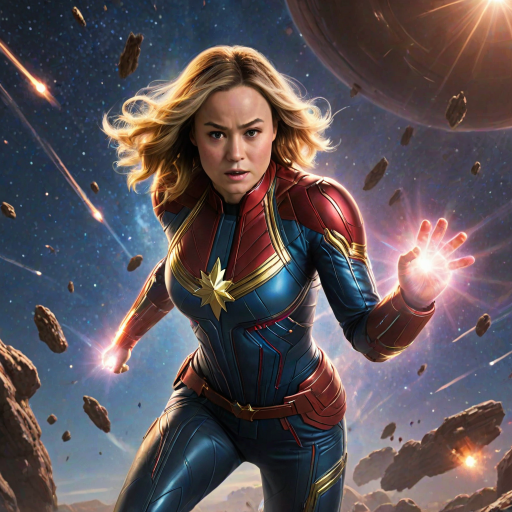 Powerful image of Brie Larson, Captain Marvel's cosmic hero, with her determined expression and glowing fists, soaring through a star-filled galaxy, leaving a trail of energy in her wake as she battles alien spaceships
