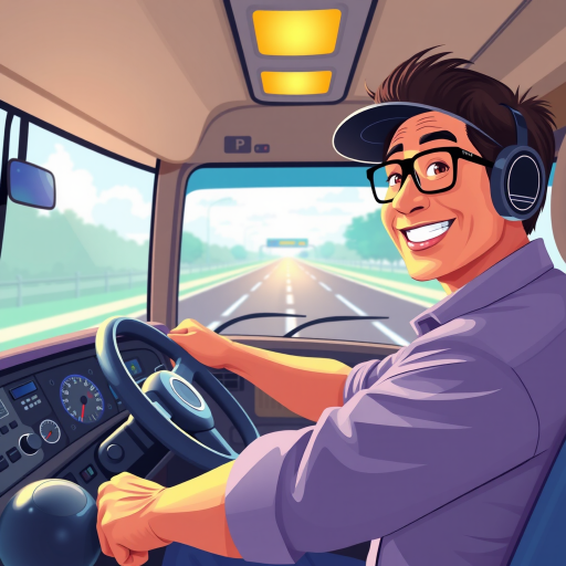 Create a digital illustration of a smiling man driving a bus with a focus on his face, using a bright and colorful palette, with a clear view of the animated dashboard and road ahead, shot in a high-resolution 4K quality, using a wide-angle lens, with a soft-focus background to enhance the foreground details.