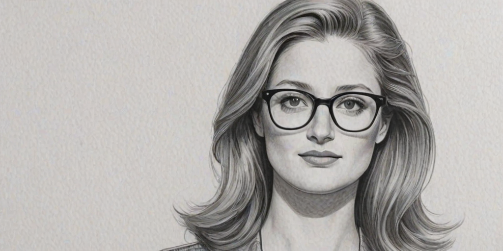 Splendid Grace Gummer, pencil sketch, portrait of Comely woman 1962s in glasses, hair style beatnik, outline, clear lines, fine lines, 8k