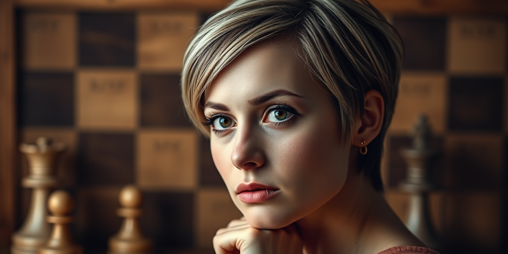 Create a high-resolution image of a woman with short hair in a contemplative pose against a background featuring a chessboard and chess pieces, using a DSLR camera with a 50mm lens at f/1.8, ISO 100, and 1/125s exposure, soft lighting with warm tones and a shallow depth of field to enhance focus on her face while blurring the background elements.