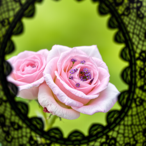Close-up of two lavender roses with delicate purple flowers on a soft green background, framed with intricate black lace, shot with a 50mm lens at f/1.8, ISO 200, natural light, DSLR camera, macro photography style for enhanced detail and texture.