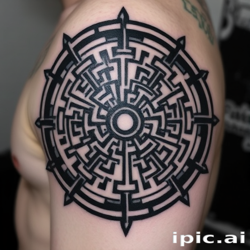 Intricate blackwork tattoo called "Shadow Labyrinth" showcasing a complex maze-like pattern with bold lines and geometric shapes, creating an optical illusion effect that appears to shift and move