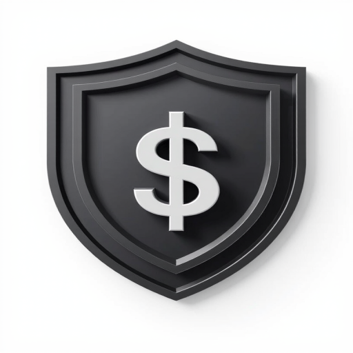 Create a 3D-rendered shield icon with a dollar sign in the center, using a Canon EOS R5, aperture f/2.8, ISO 100, 50mm lens, soft natural lighting, and a clean white background for enhanced image quality.