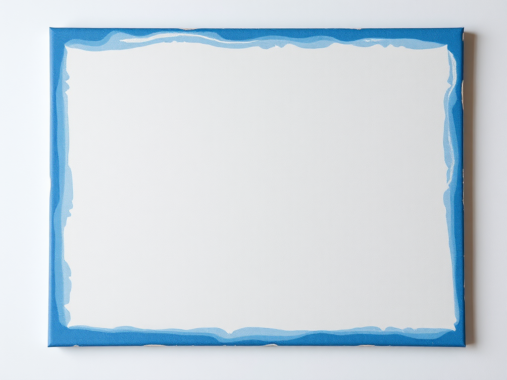 Please generate a high-resolution image of a blank canvas with a textured blue border, using a DSLR camera at f/8 aperture, ISO 100, 1/250 shutter speed, 50mm lens, in a soft natural light setting.