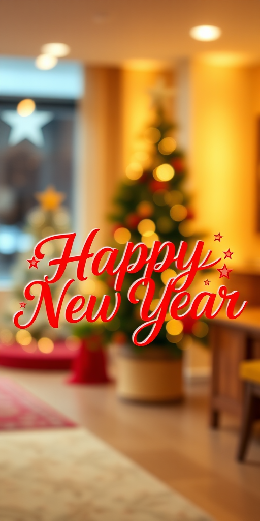 Create a vibrant and artistic representation of the phrase Happy New Year in elegant, flowing red script with decorative stars, captured in a soft focus style using a DSLR camera with a wide aperture of f/1.8, shallow depth of field, in a warm indoor lighting setting, viewed at a 45-degree angle.