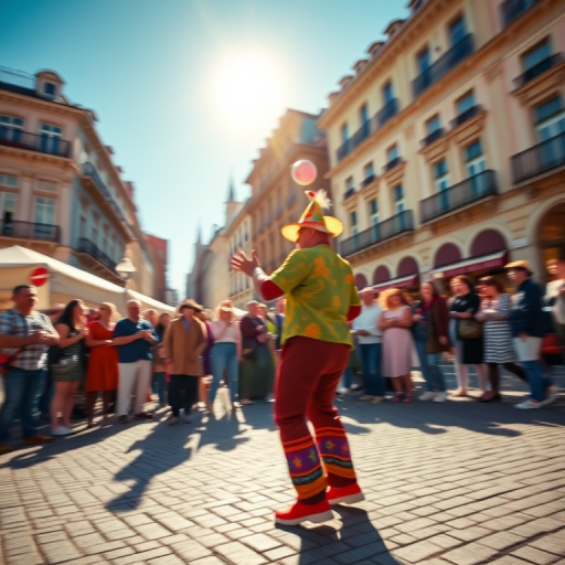 Blurry action shot of a lively street performance in a bustling city square, with a juggler in colorful attire entertaining a captivated audience, the sun casting dynamic shadows on the cobblestones.