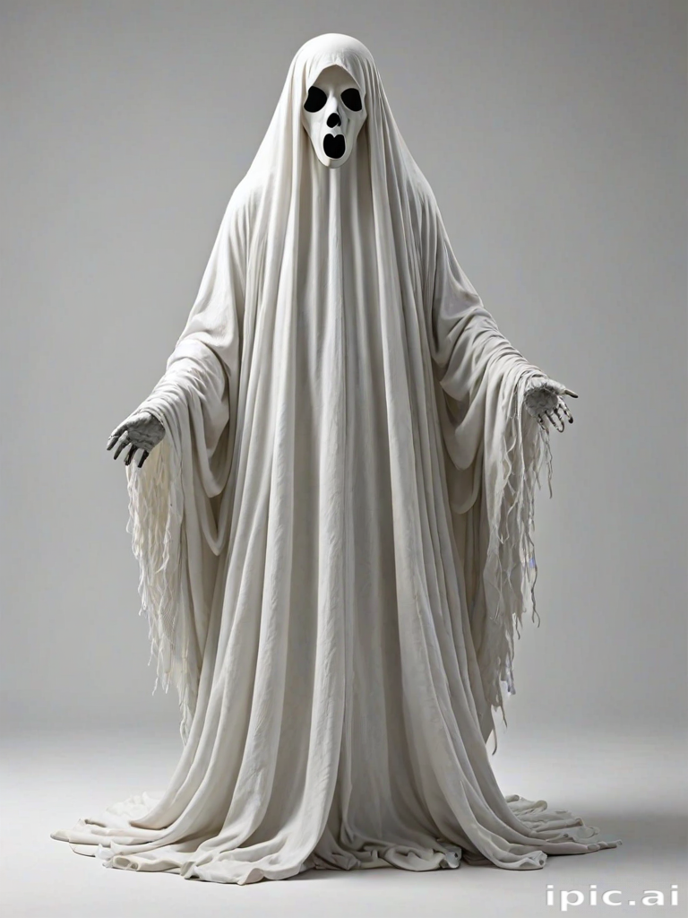 Haunting Figure in White Robes with Ghostly Mask and Flowing Fabric