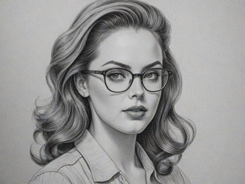 Bewitching Elizabeth Gillies, pencil sketch, portrait of Sublime woman 1947s in glasses, hair style beatnik, outline, clear lines, fine lines, 8k