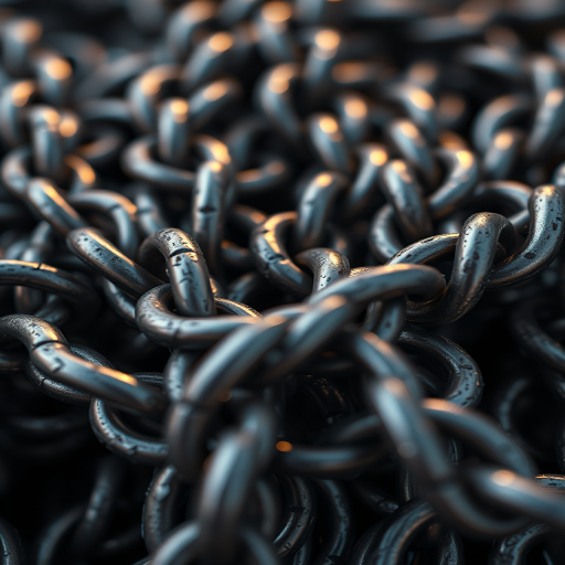 create a hyper-realistic image of metallic chains intertwined, using a Canon EOS R5 camera, 50mm lens, f/2.8 aperture, ISO 100, with a shallow depth of field, soft lighting to emphasize textures, and a slightly high angle view for depth.
