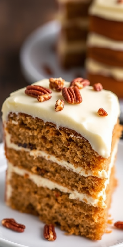 A close-up view of a slice of moist carrot cake with cream cheese frosting topped with crushed pecans on a white plate, showcasing the layered texture of the cake and frosting. The background is softly blurred with more cake visible, creating a warm and inviting dessert scene.