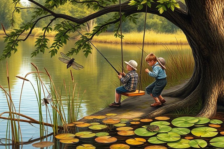 Imagine a small group of old fashioned young boys out fishing by the creek, a swing hanging from a tree branch, reeds and grasses by the water's edge, a frog sitting on a lily pad, dragonflies hovering over som water plans, a very iconic old fashioned scene reminiscent of a Norman Rockwell painting style