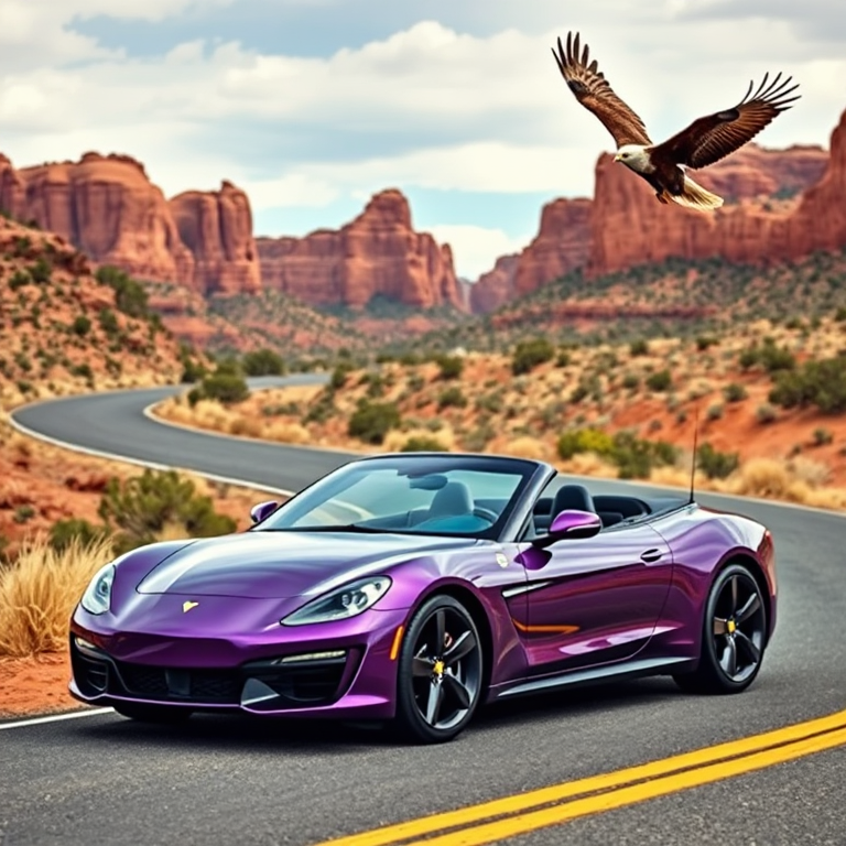 Regenerate an image of a sleek purple convertible car parked on a winding road with red rock formations in the background and a large eagle soaring above, using a DSLR camera, aperture f/4, ISO 100, shutter speed 1/200, 50mm lens, and a wide-angle view to enhance the landscape.