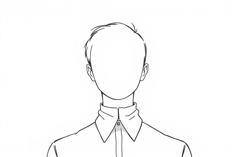 Create a minimalist black and white illustration of a faceless figure wearing a collar, captured in a high-resolution digital format with a 50mm lens at f/1.8, shallow depth of field, soft focus background, natural lighting, and a clean studio backdrop.