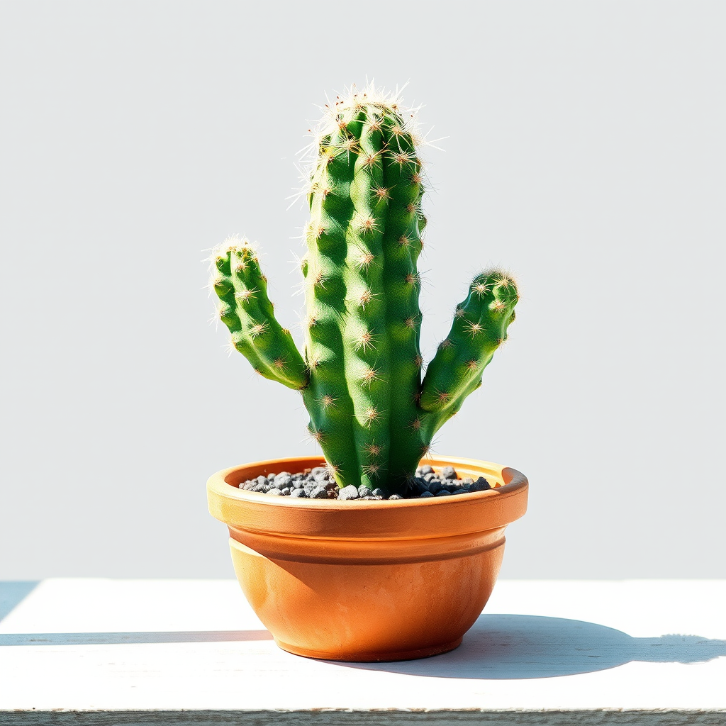Create a high-resolution watercolor illustration of a cactus in a terracotta pot, captured from a slightly elevated angle with soft natural lighting, using a digital art style with a canvas texture effect, simulating a DSLR camera at f/4 aperture and ISO 100.