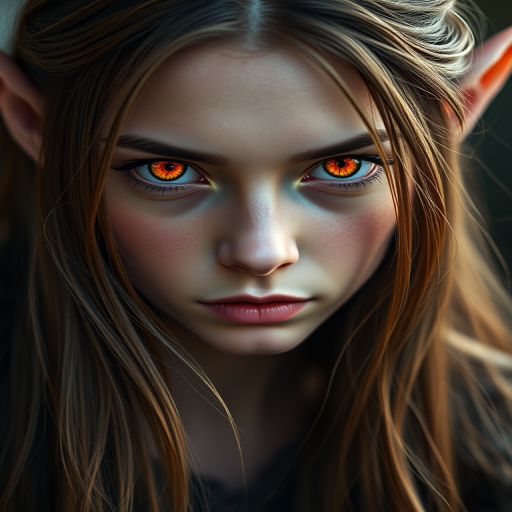 Create a highly detailed portrait of a fantasy elf character with long brown hair and striking orange eyes, using a Canon EOS R5 camera with a 85mm f/1.2 lens, aperture set to f/1.2, ISO 100, and a soft studio lighting setup for enhanced texture and depth, shot in a shallow depth of field for a cinematic feel.