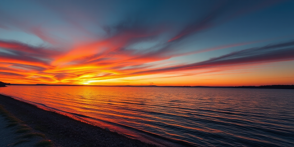 Generate a high-resolution image of a sunset over a serene lake with vibrant colors, focal length of 50mm, aperture set to f/8, ISO 100, taken from a low angle using a DSLR camera in landscape mode.