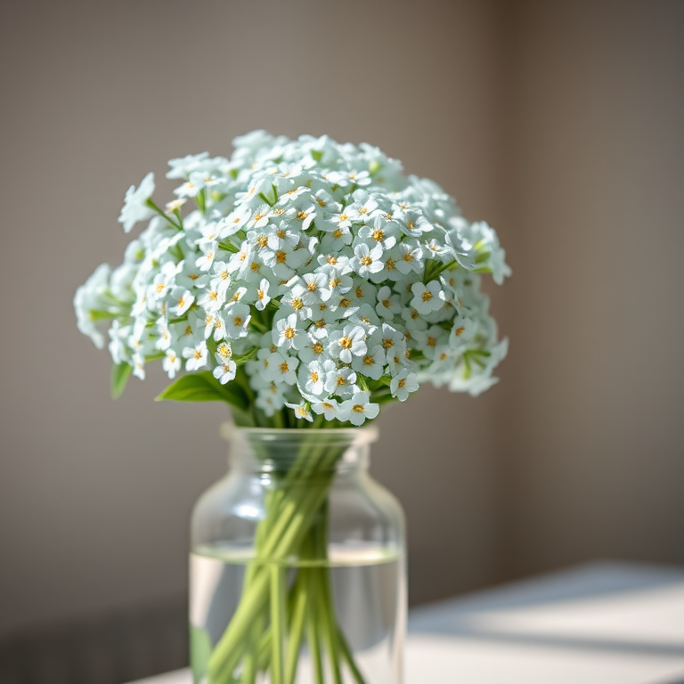 still life of a bouquet of forget-me-nots in a clear glass vase with soft natural light, shallow depth of field, aperture f/2.8, ISO 100, 50mm lens, soft focus background, high dynamic range imaging, DSLR