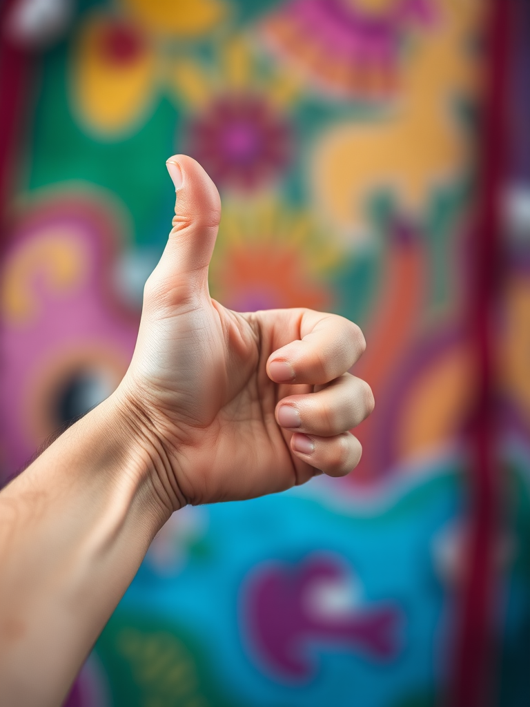 Create an image of a hand giving a thumbs up with a blurred colorful background, using a Canon EOS R5 camera, 50mm lens, aperture f/1.8, shutter speed 1/200s, ISO 100, shot from a slightly above angle for dynamic composition.
